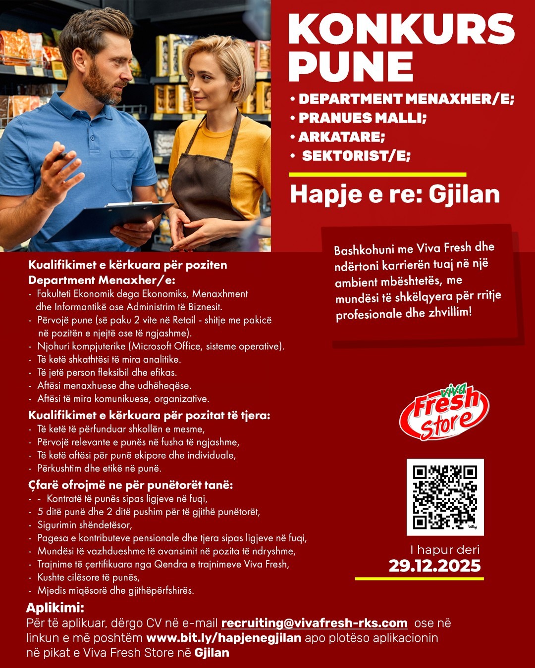 Department Menaxher/e, Pranues Malli, Arkatare, Sektorist/e - Gjilan